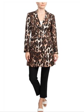 John Meyer Collection Animal Leopard Print Notched Collar Long Jacket Size 10